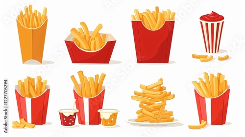 Delicious French Fries in Box - Crispy Fried Potatoes and Potato Chips on Plate