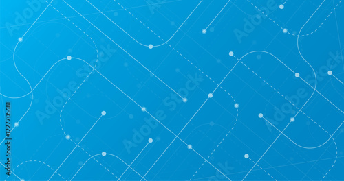 circuit network lines with circles in end paths in blue background template 