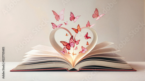 Butterflies in shades of pink and red emerging from an open heart-shaped book or journal.