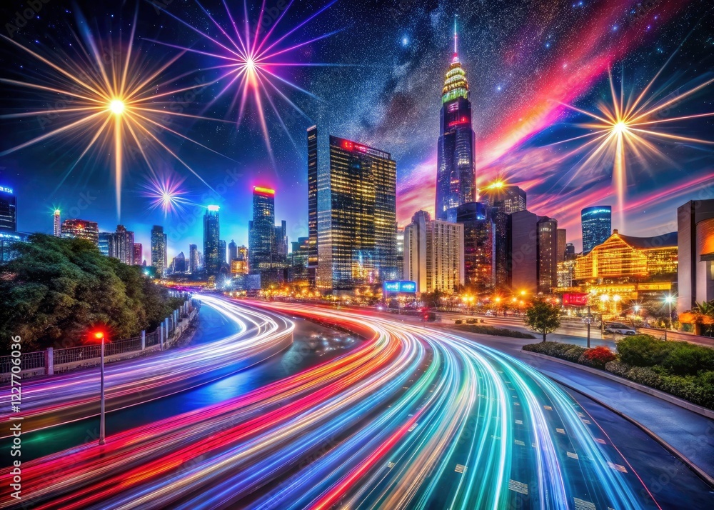 Fototapeta premium Capture urban nightscapes with creative light painting, long exposures, neon glows, and star trail photography.