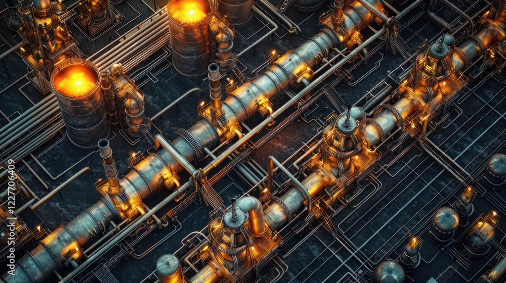 Aerial view of a futuristic industrial facility with glowing pipes and machinery in operation Aerial view of a futuristic industrial facility with glowing pipes and machinery in operation