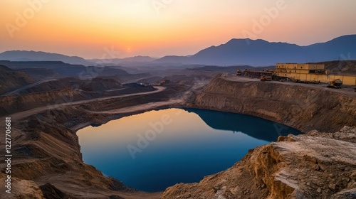 Dramatic sunset over an open-pit mining site in southern China. The golden-hour lighting enhances the textures of the exposed rock layers and industrial structures. 