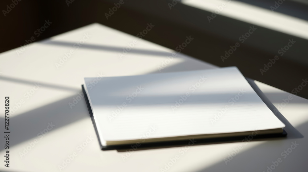 Blank notebook rests on a table in sunlight, shadows cast across its cover Blank notebook rests on a table in sunlight, shadows cast across its cover