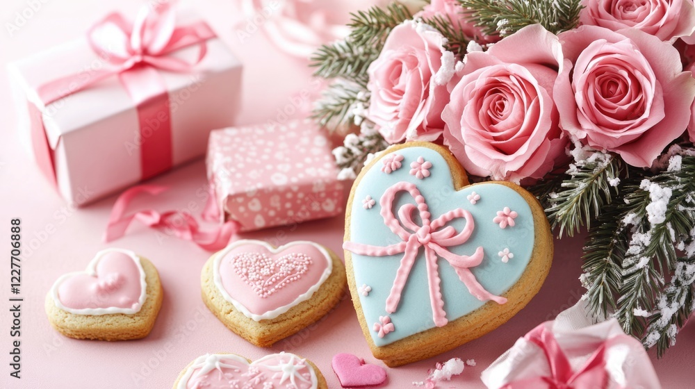 Heart-shaped cookies and pink roses in a gift box on a soft pink background for romantic celebrations and special occasions. Heart-shaped cookies and pink roses in a gift box on a soft pink background for romantic celebrations and special occasions.