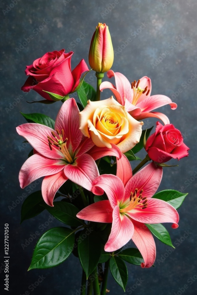 Mixed bouquet of roses and lilies, flowers, decoration, mixed Mixed bouquet of roses and lilies, flowers, decoration, mixed