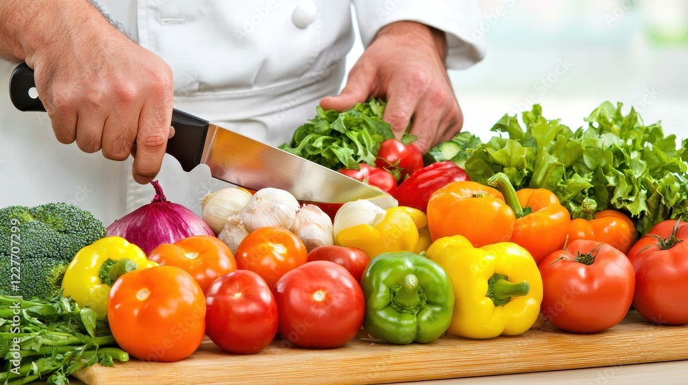 Fresh Vegetable Preparation by Chef with Colorful Produce and Knife