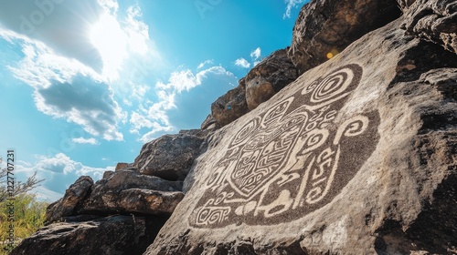 Ancient rock engravings on a stone surface showcasing intricate designs at an archaeological site under a bright blue sky. photo