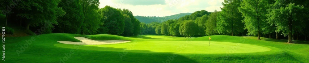 Lush green golf course fairway, trees in background, sport, grass Lush green golf course fairway, trees in background, sport, grass