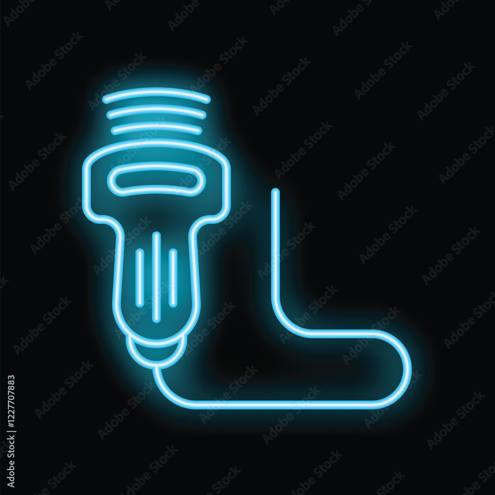 Blue neon ultrasound scanner icon glowing on black background, modern medical equipment for pregnancy examination Blue neon ultrasound scanner icon glowing on black background, modern medical equipment for pregnancy examination