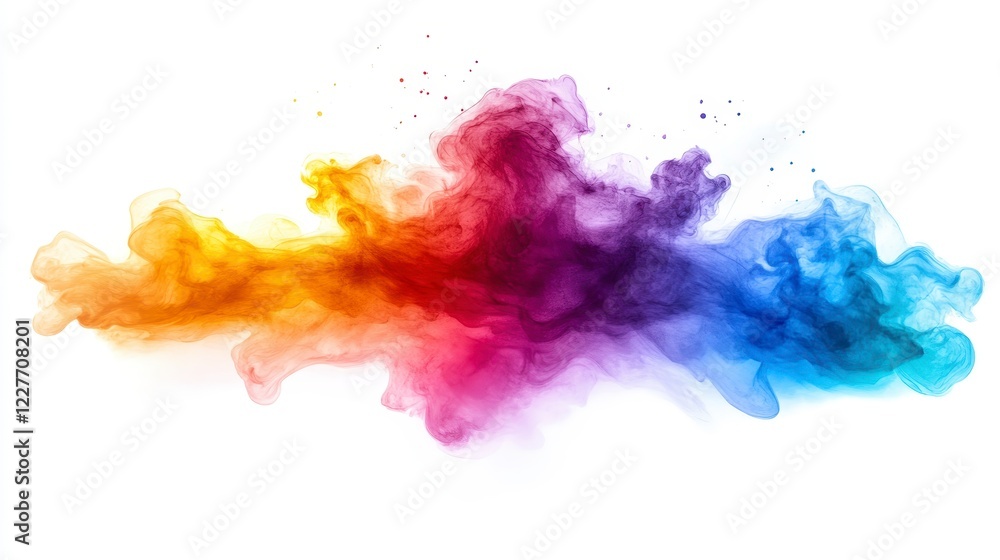 Fototapeta premium Abstract image of vibrant multicolored powder explosion on white background. The colors are predominantly orange, yellow, purple, and blue, creating