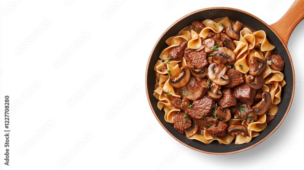 Delicious Beef Stroganoff with Noodles and Mushrooms in a Frying Pan Delicious Beef Stroganoff with Noodles and Mushrooms in a Frying Pan
