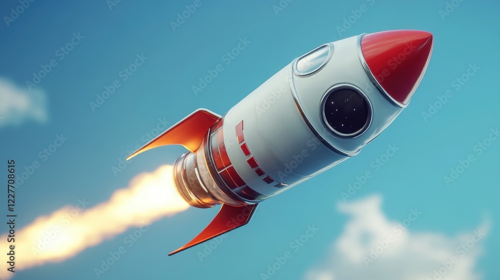 Astronaut Rocket Launching into the Future with Bright Flames and Clear Blue Sky Background Astronaut Rocket Launching into the Future with Bright Flames and Clear Blue Sky Background