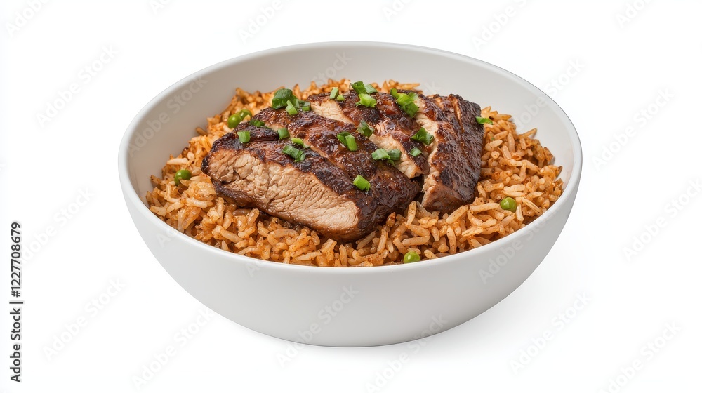 Grilled Steak Served on a Bed of Flavorful Rice with Green Onions Grilled Steak Served on a Bed of Flavorful Rice with Green Onions