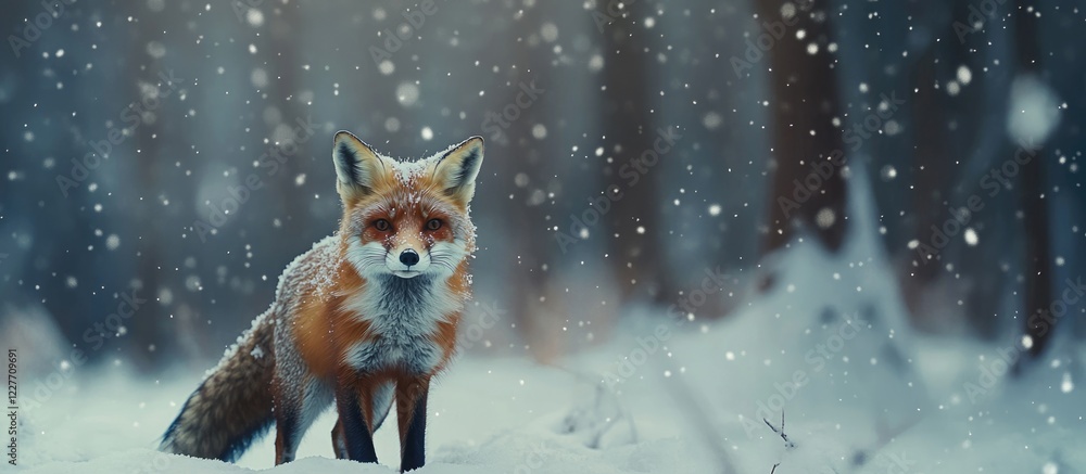 Obraz premium Fox in snowy winter forest close up view with blurred background and ample space for text or captions