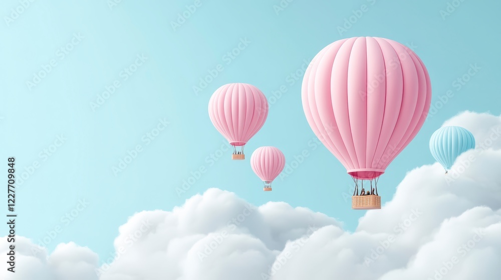 Fototapeta premium Pastel pink and light blue hot air balloons float above fluffy white clouds against a pale blue sky. A whimsical, dreamy scene