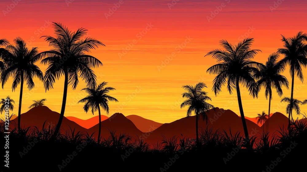 Serene sunset silhouette of palm trees against vibrant gradient sky and distant mountains in tropical landscape setting Serene sunset silhouette of palm trees against vibrant gradient sky and distant mountains in tropical landscape setting