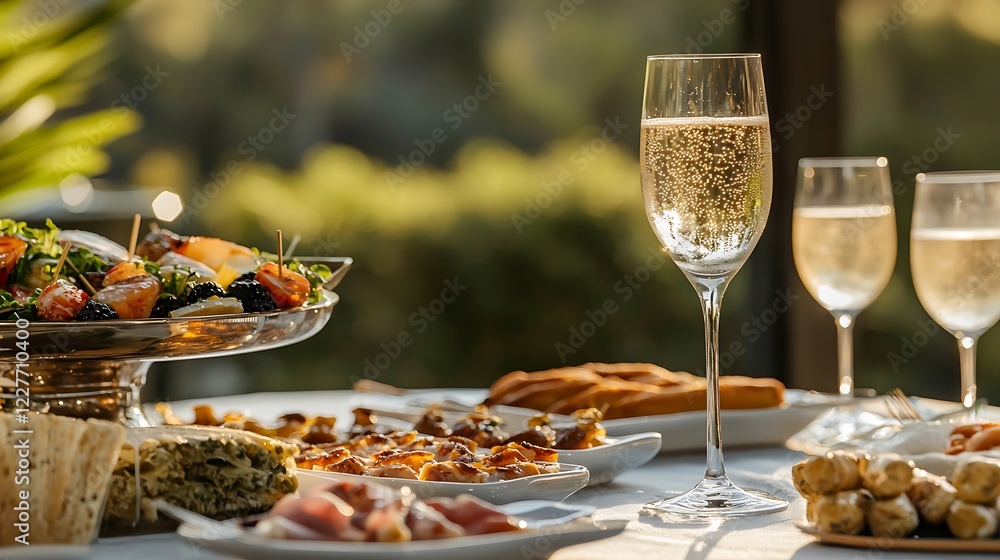 Fototapeta premium Elegant outdoor gathering with sparkling wine and delicious appetizers on a sunny day