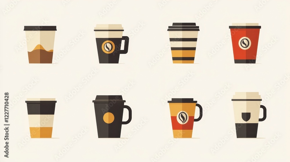 Pixel art illustration of eight coffee cups in various styles and colors, showcasing different sizes and designs. The cups are depicted against a Pixel art illustration of eight coffee cups in various styles and colors, showcasing different sizes and designs. The cups are depicted against a