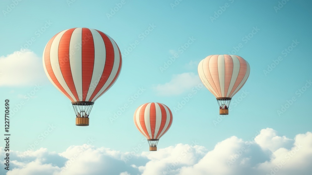Fototapeta premium Three pixel art hot air balloons float against a light blue sky dotted with fluffy white clouds. The balloons are red and white striped, with one a