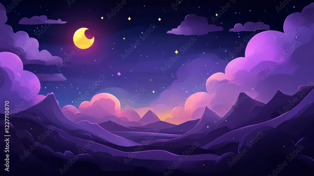 Fototapeta premium Pixel art landscape at night, purple and pink hues, crescent moon, stars, mountains, and clouds. Serene and dreamy atmosphere. Digital illustration