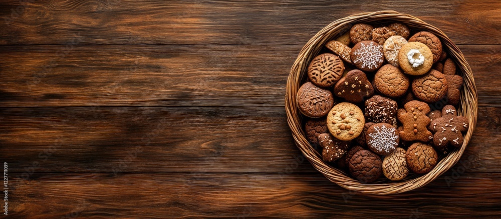 Basket of assorted Christmas gingerbread cookies on wooden background with empty space for holiday decoration ideas and text copyspace Basket of assorted Christmas gingerbread cookies on wooden background with empty space for holiday decoration ideas and text copyspace