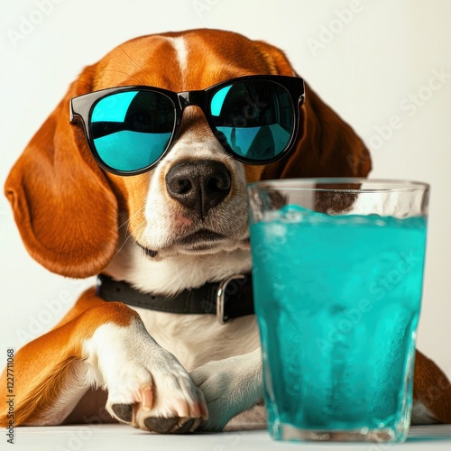 A stylish beagle wearing sunglasses sits beside a glass of vibrant blue drink, exuding a fun and relaxed vibe. photo