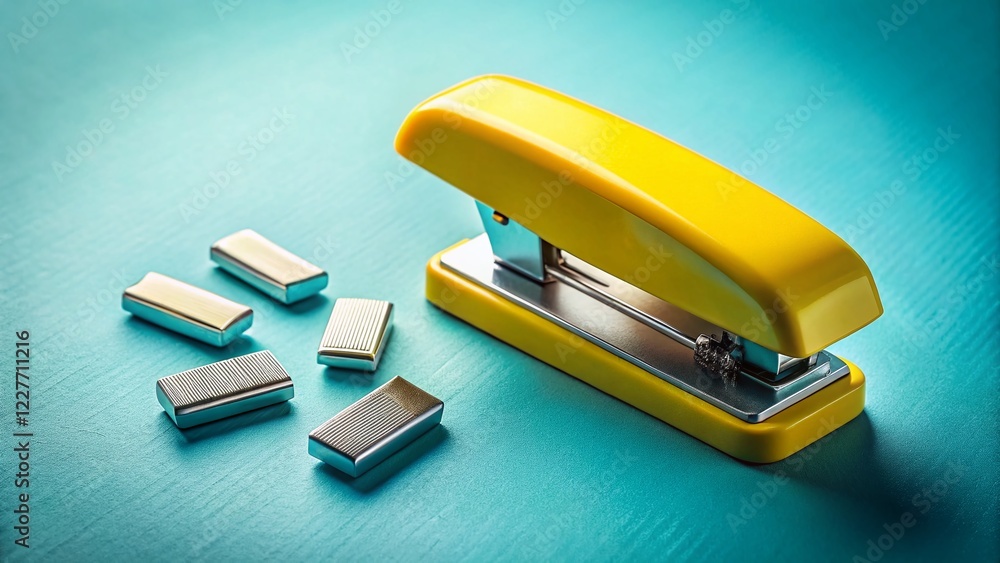 Bright Yellow Stapler with Staples on Light Blue Background - Aerial View Bright Yellow Stapler with Staples on Light Blue Background - Aerial View
