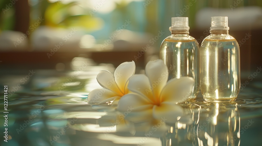 Serene Spa Scene with Bottles and Frangipani Flowers in Water Serene Spa Scene with Bottles and Frangipani Flowers in Water