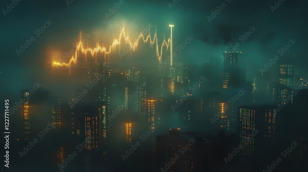 Obraz premium Luminous stock market chart dominates the night sky above a futuristic cityscape shrouded in fog, creating a dramatic visualization of financial trends and urban innovation