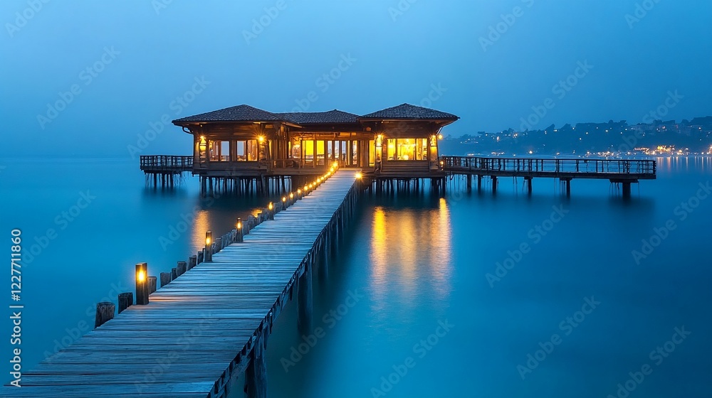 A Long Wooden Dock Leading to Two Wooden Buildings on Piers at Dusk. A Long Wooden Dock Leading to Two Wooden Buildings on Piers at Dusk.