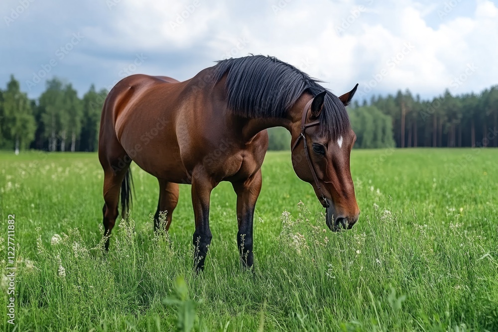 Graceful horse peacefully grazing in a lush green meadow Graceful horse peacefully grazing in a lush green meadow