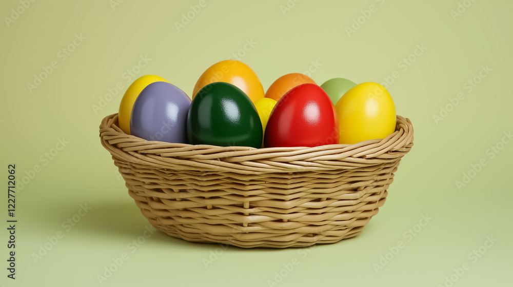 Naklejka premium Brightly colored Easter eggs arranged in a decorative wicker basket on a pastel background