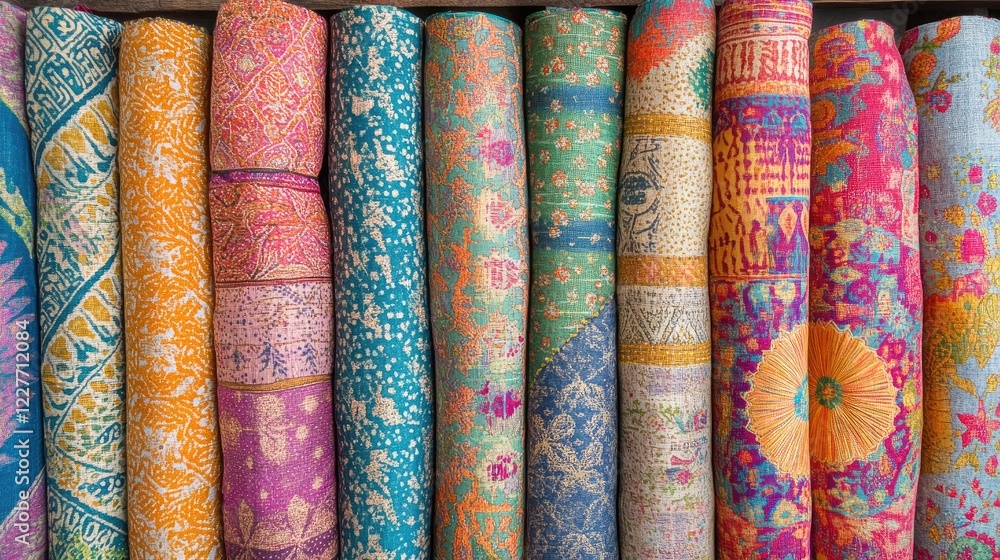 Colorful rolls of patterned cotton fabric stacked in a vibrant sewing shop showcasing a variety of textures and designs for crafting projects. Colorful rolls of patterned cotton fabric stacked in a vibrant sewing shop showcasing a variety of textures and designs for crafting projects.