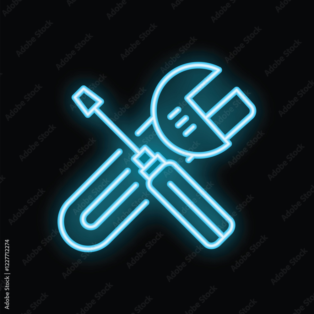 Blue neon sign depicting a crossed wrench and screwdriver, evoking maintenance, repair, and diy projects Blue neon sign depicting a crossed wrench and screwdriver, evoking maintenance, repair, and diy projects