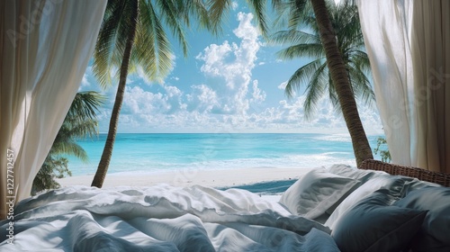 Fototapeta Naklejka Na Ścianę i Meble -  Tropical beach view from a serene bedroom with palm trees and soft bedding creating a tranquil and inviting atmosphere.