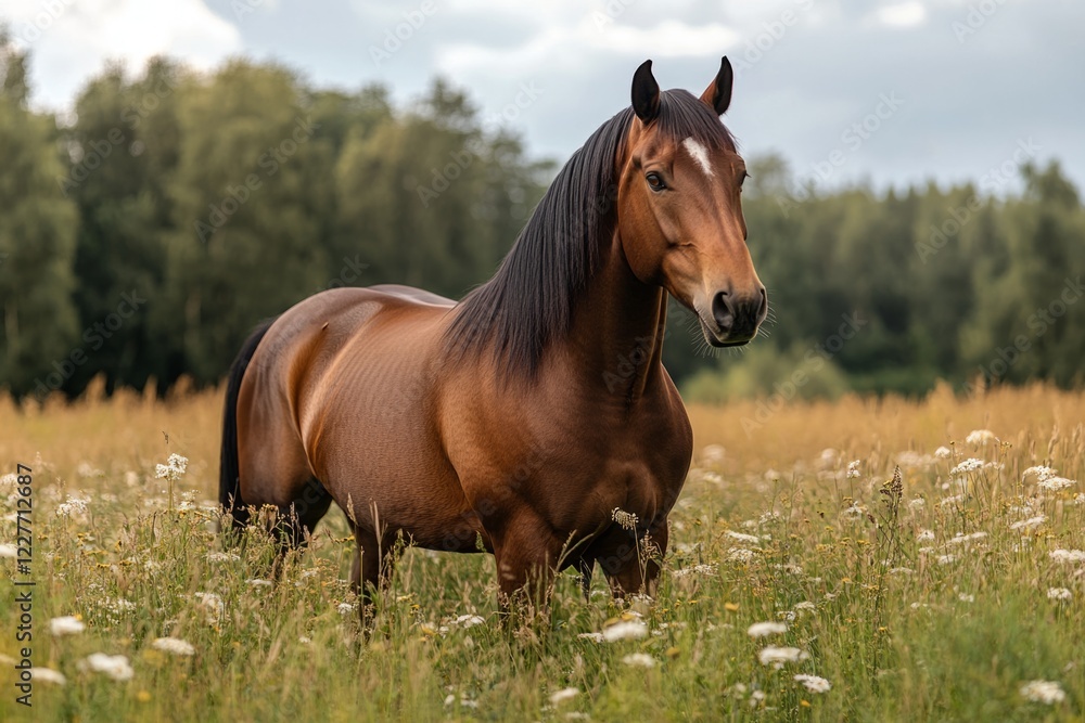 Brown horse stands in a field of wildflowers under a cloudy sky Brown horse stands in a field of wildflowers under a cloudy sky