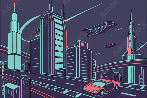 Futuristic city skyline, neon lights, flying cars, cyberpunk aesthetic, dense urban landscape, soaring skyscrapers, holographic billboards, high-tech transportation, glowing energy streams, sci-fi met