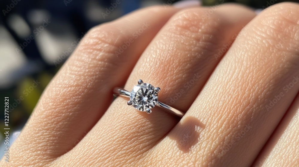 Elegant 1 Carat Diamond Engagement Ring with Sparkling Round Center Gemstone on Hand Elegant 1 Carat Diamond Engagement Ring with Sparkling Round Center Gemstone on Hand