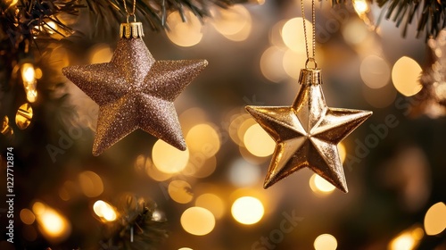 Wallpaper Mural Elegant golden star ornaments on a festive tree with glowing bokeh lights for a cozy holiday atmosphere. Torontodigital.ca