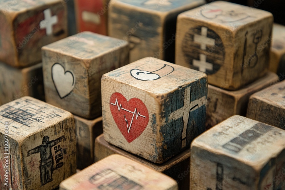 An organized display of wooden blocks featuring health-themed icons, including an ambulance, health report, and insurance emblem. This illustration captures the essence of healthcare services An organized display of wooden blocks featuring health-themed icons, including an ambulance, health report, and insurance emblem. This illustration captures the essence of healthcare services