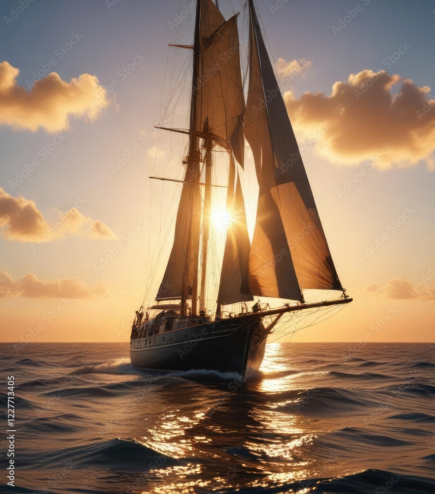 Fototapeta premium Sails billowing with the last rays of sunlight, casting a warm glow across the deck of a sailing vessel as it cuts through the glassy surface of the sea, glow, peaceful