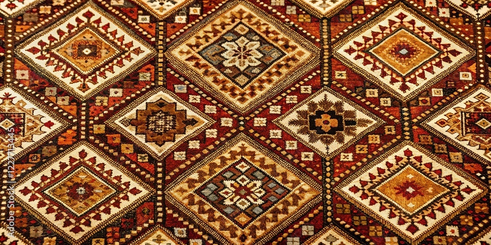 Brown and Tan Geometric Rug Detail - Square and Triangle Pattern Stock Photo Brown and Tan Geometric Rug Detail - Square and Triangle Pattern Stock Photo