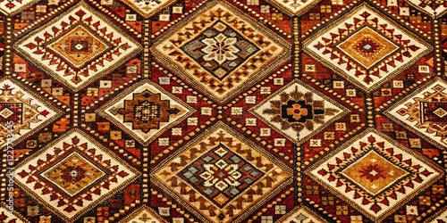 Brown and Tan Geometric Rug Detail - Square and Triangle Pattern Stock Photo
