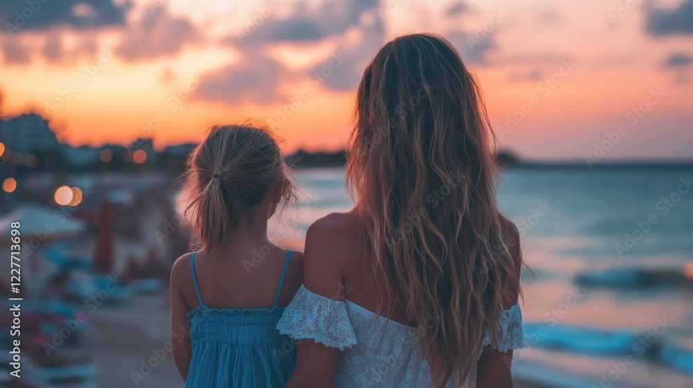 Fototapeta premium Mother and daughter watching sunset on beach