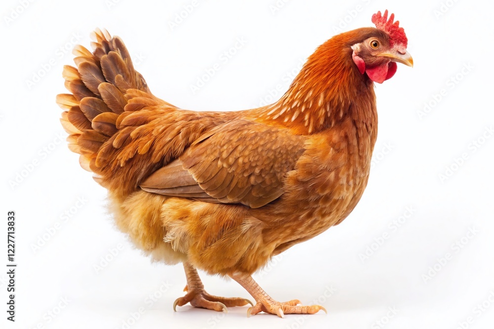 Fototapeta premium Brown Hen Isolated on White, Farm Animal, Poultry, Rustic Bird, Countryside
