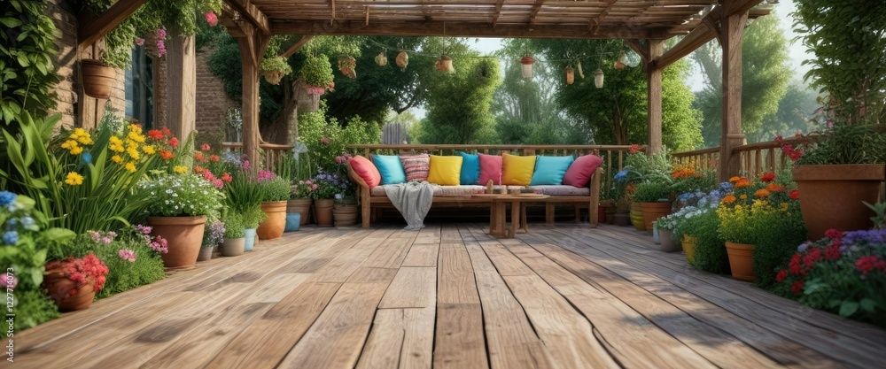 Obraz premium Rustic wooden terrace with colorful garden decor, serene, flowers, rustic, peaceful, terrace