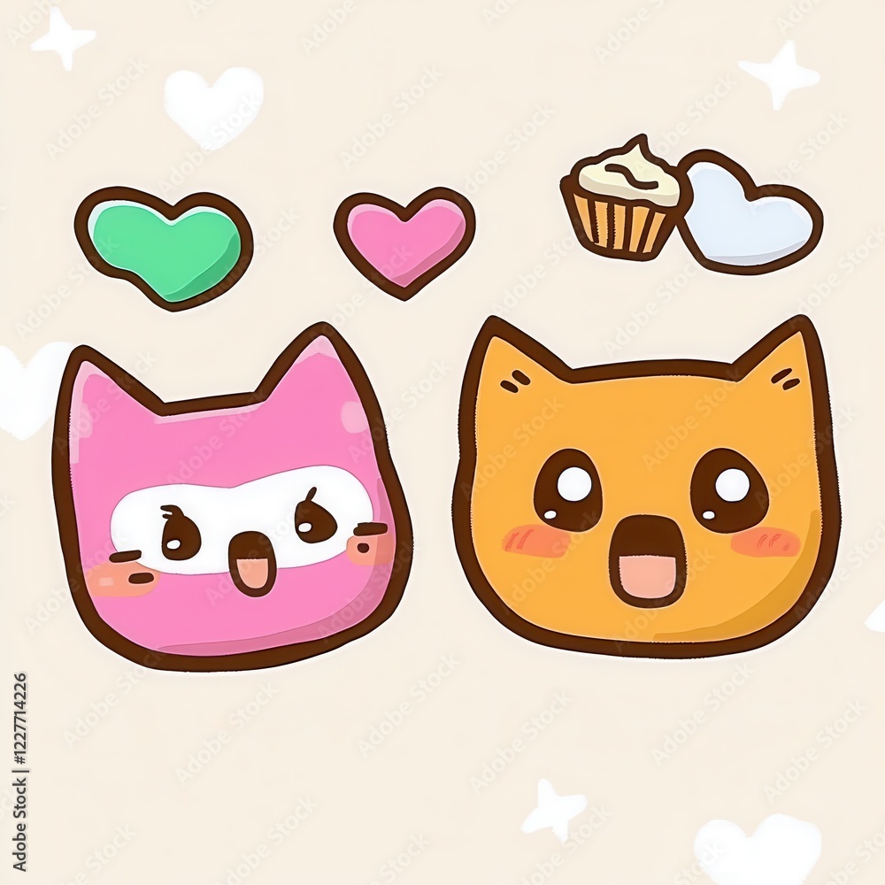 Fototapeta premium Cute Digital Love Themed Stickers Featuring Adorable Animal Characters and Hearts