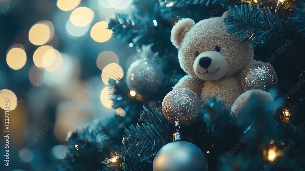 Close up of a decorated Christmas tree featuring a teddy bear and sparkling ornaments with a blurred bokeh background for text placement Close up of a decorated Christmas tree featuring a teddy bear and sparkling ornaments with a blurred bokeh background for text placement