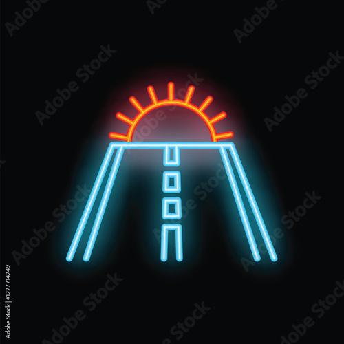 Neon sign of a straight empty road leading to a rising sun over the horizon