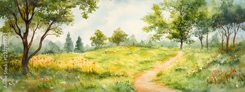 Watercolor landscape with green grass, trees, and flowers in the background, and a road path
